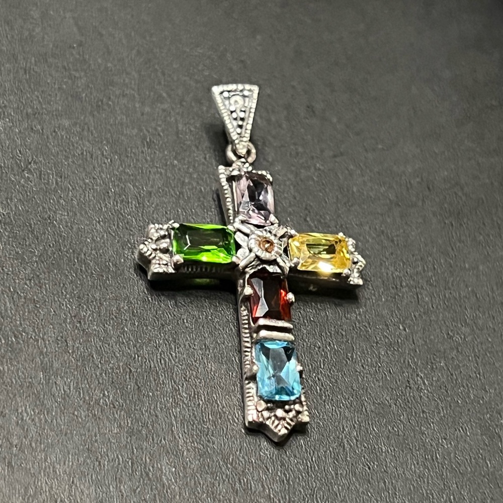 Sterling Silver Multicolor Gemstone Cross Pendant - Women’s Jewelry - Picture 3 of 6